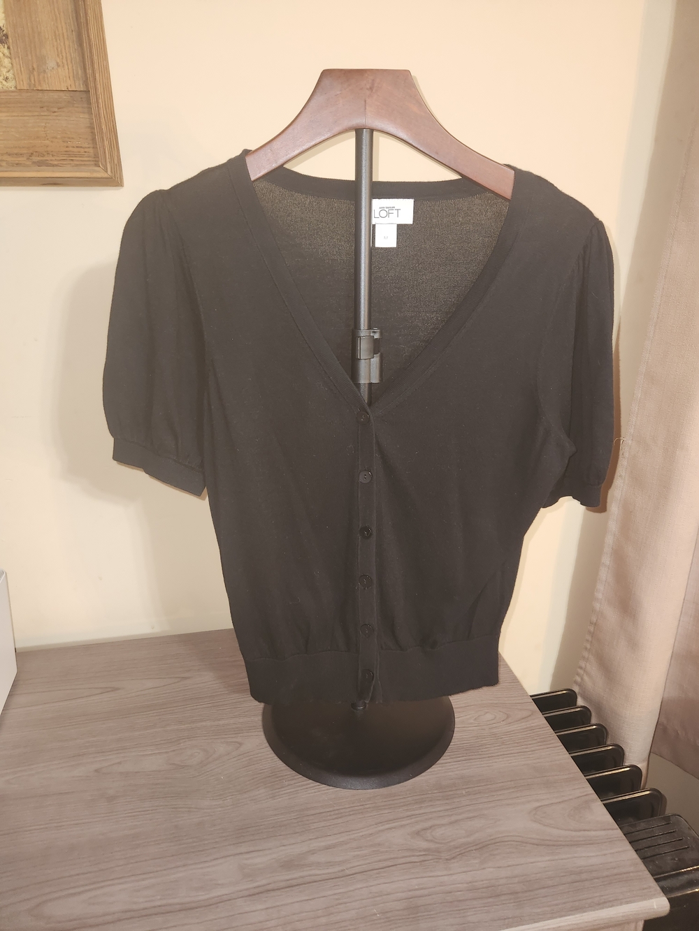 LOFT Black V-Neck Button Front Short Sleeve Top